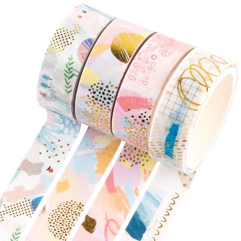 YUBBAEX Gold Washi Tape IG Style Foil Masking Tape Set Decorative for Arts, DIY Crafts, Journal Supplies, Planners, Scrapbook, Card/Gift Wrapping -4 Rolls x 15mm- (Geometric Bronzing) - Image 1